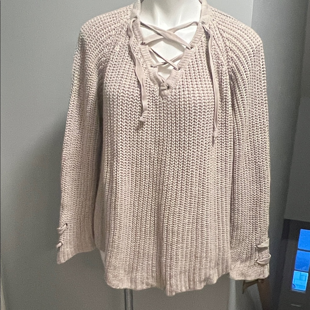 Pure Handknit Taupe Knit Sweater with Crisscross Neckline
